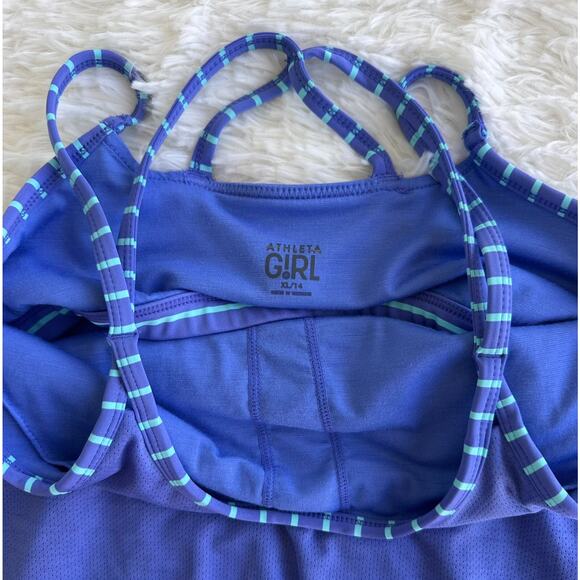 Athleta Girl's Striped Built In Bra Criss Cross Back Tank Top Purple Size XL 14 - Picture 3 of 9